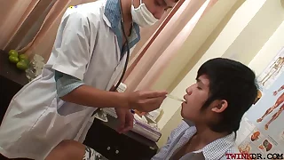 Fisted Asian twink jerking while barebacked by doctor